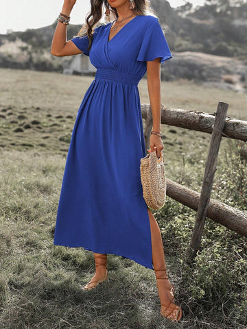 Solid Color Wrap & Gathered Waist & Side Slit Dress