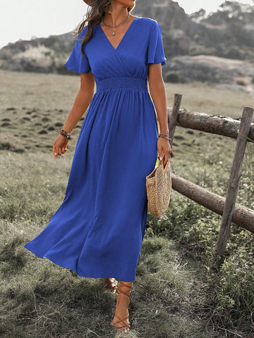 Solid Color Wrap & Gathered Waist & Side Slit Dress