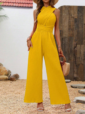 Solid Criss Cross Wide Leg Jumpsuit For Summer