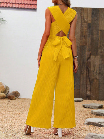 Solid Criss Cross Wide Leg Jumpsuit For Summer