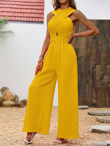 Solid Criss Cross Wide Leg Jumpsuit For Summer