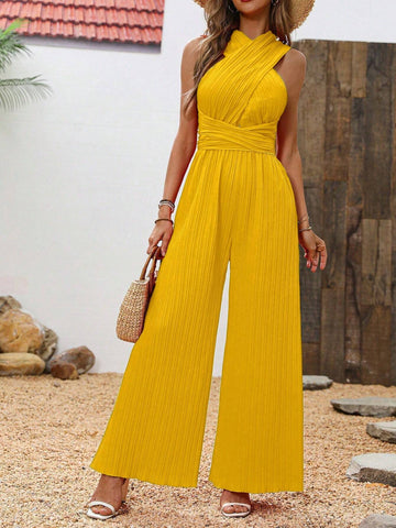 Solid Criss Cross Wide Leg Jumpsuit For Summer