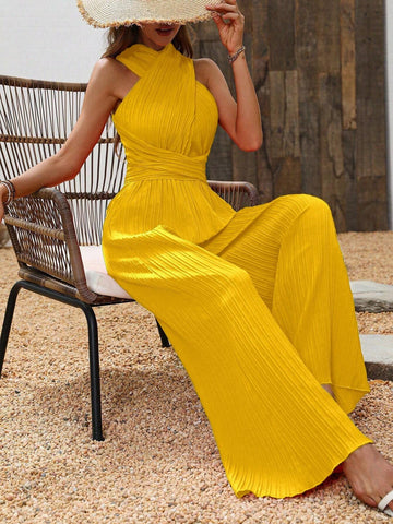 Solid Criss Cross Wide Leg Jumpsuit For Summer