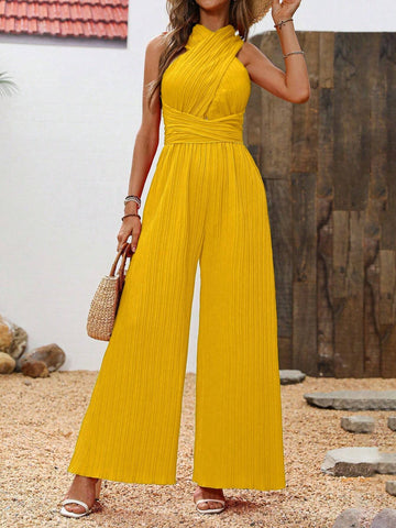 Solid Criss Cross Wide Leg Jumpsuit For Summer