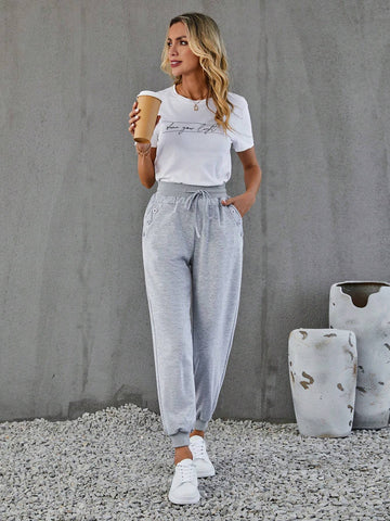 LUNE Solid Drawstring Waist Slant Pocket Sweatpants