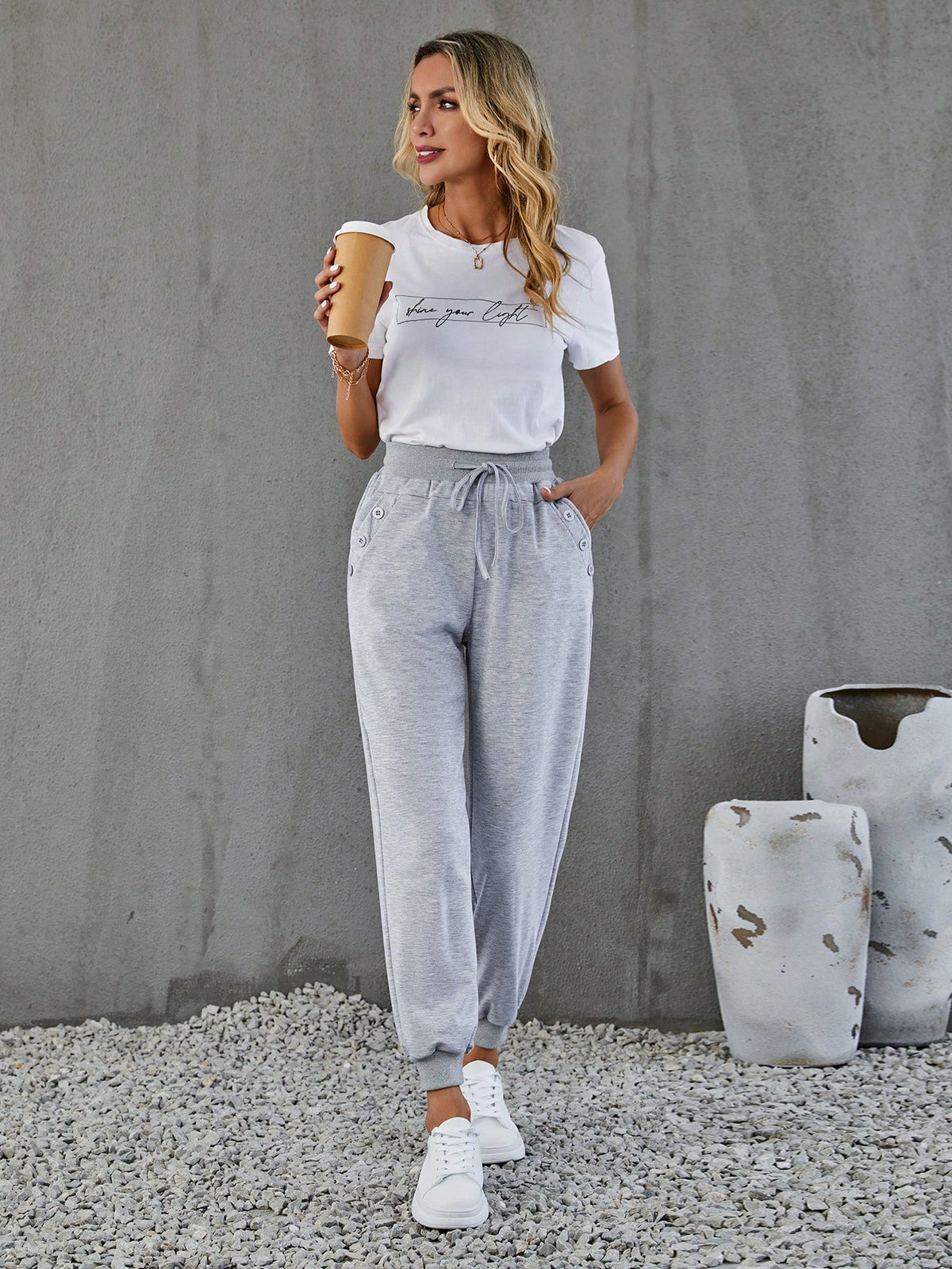 LUNE Solid Drawstring Waist Slant Pocket Sweatpants