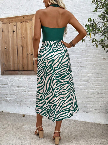 Solid Knit Halter Top And Pleated High Low Floral Print Skirt Two-Piece Set