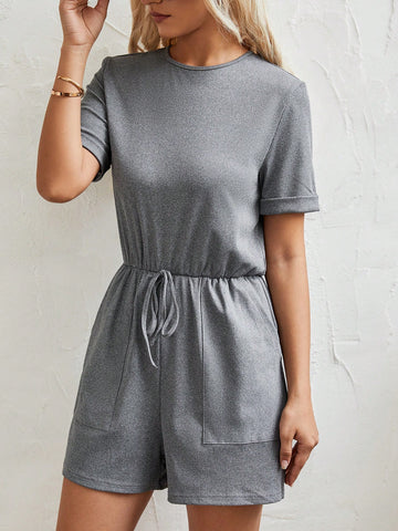 Solid Knot Front Slant Pocket Romper