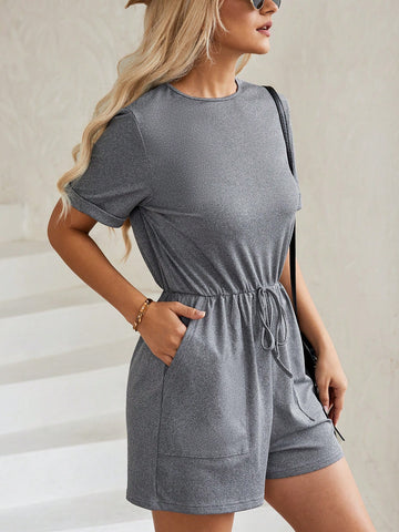Solid Knot Front Slant Pocket Romper