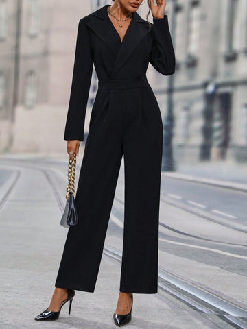Solid Lapel Neck Jumpsuit