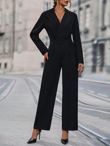 Solid Lapel Neck Jumpsuit