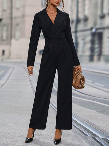 Solid Lapel Neck Jumpsuit