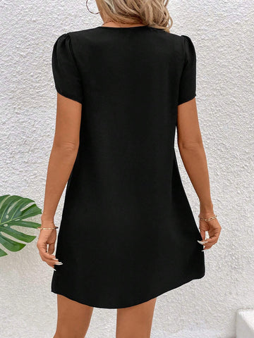 Solid Petal Sleeve Half Zipper Placket Dress