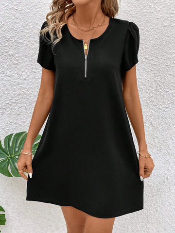 Solid Petal Sleeve Half Zipper Placket Dress