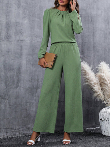 Solid Plicated Detail Puff Sleeve Tee & Wide Leg Pants