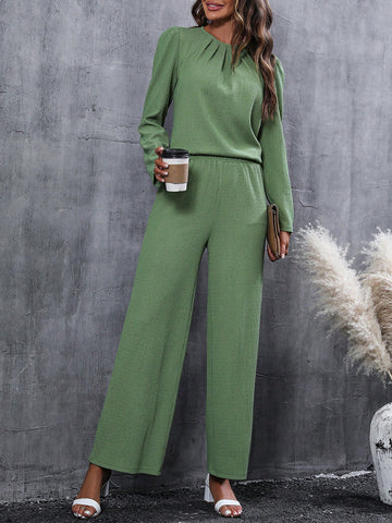 Solid Plicated Detail Puff Sleeve Tee & Wide Leg Pants
