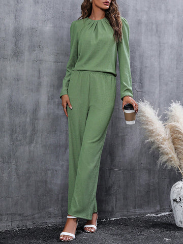 Solid Plicated Detail Puff Sleeve Tee & Wide Leg Pants