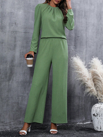 Solid Plicated Detail Puff Sleeve Tee & Wide Leg Pants