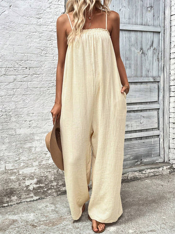 Solid Slant Pocket Cami Jumpsuit For Summer