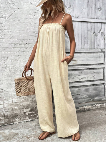 Solid Slant Pocket Cami Jumpsuit For Summer