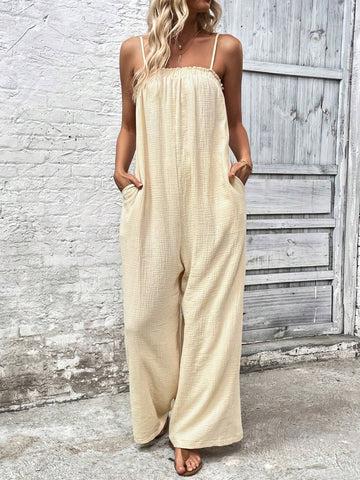 Solid Slant Pocket Cami Jumpsuit For Summer