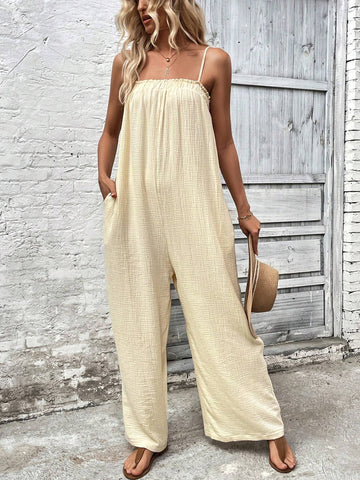Solid Slant Pocket Cami Jumpsuit For Summer