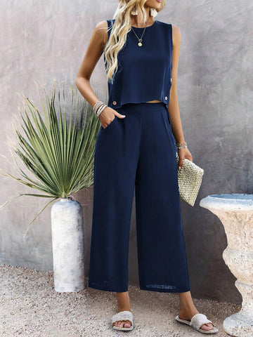 Solid Tank Top & Wide Leg Pants