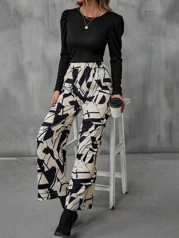 Solid Tee & Geo Print Wide Leg Pants