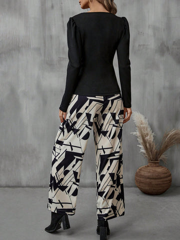Solid Tee & Geo Print Wide Leg Pants