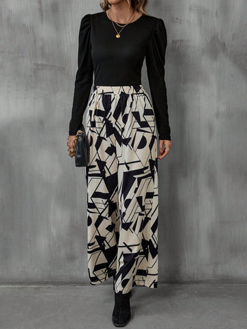 Solid Tee & Geo Print Wide Leg Pants