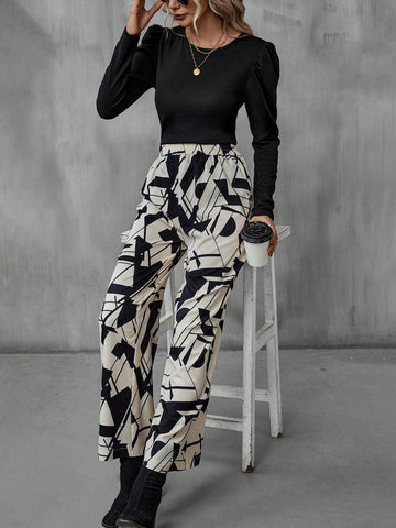Solid Tee & Geo Print Wide Leg Pants