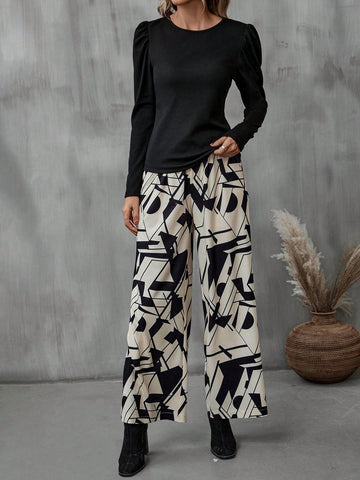 Solid Tee & Geo Print Wide Leg Pants