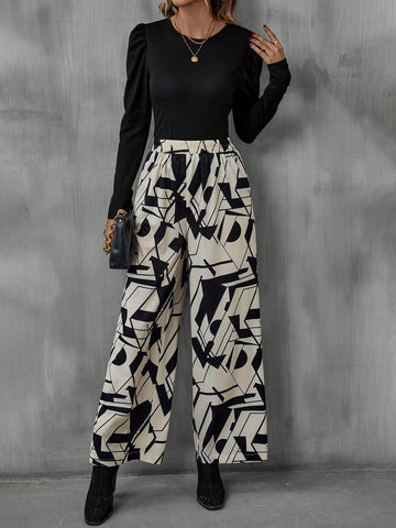 Solid Tee & Geo Print Wide Leg Pants