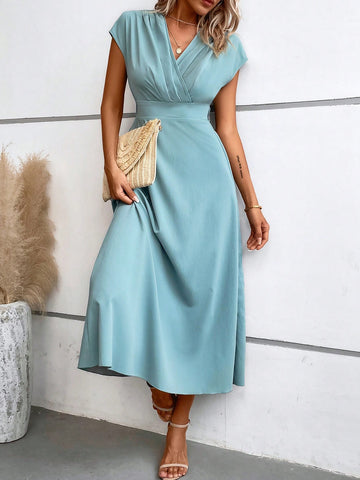 Solid Wrap Front Batwing Sleeve Dress