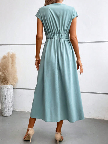 Solid Wrap Front Batwing Sleeve Dress