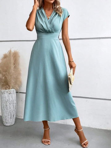 Solid Wrap Front Batwing Sleeve Dress