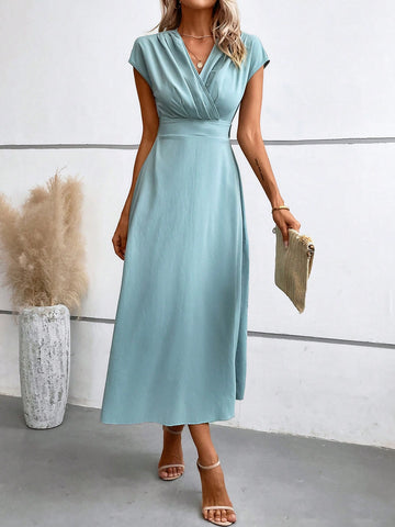 Solid Wrap Front Batwing Sleeve Dress
