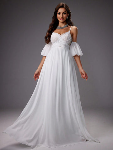Spaghetti Strap Off-The-Shoulder Lantern Sleeves Wedding Dress
