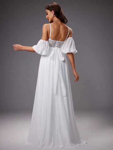 Spaghetti Strap Off-The-Shoulder Lantern Sleeves Wedding Dress