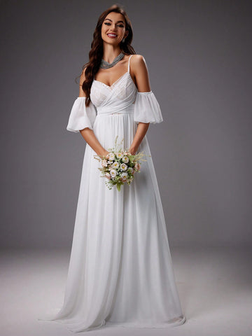 Spaghetti Strap Off-The-Shoulder Lantern Sleeves Wedding Dress