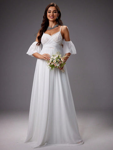 Spaghetti Strap Off-The-Shoulder Lantern Sleeves Wedding Dress