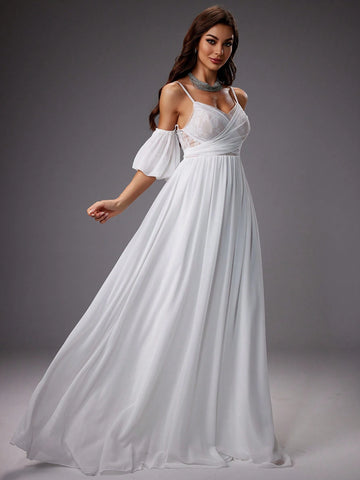Spaghetti Strap Off-The-Shoulder Lantern Sleeves Wedding Dress
