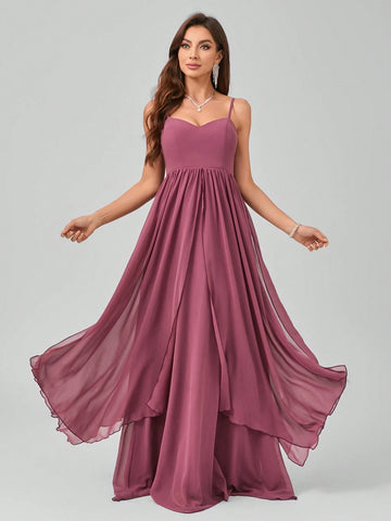 Spaghetti Strap V-Neck Backless Waist Draped Shoulder/Bow-Tie Design Elegant Graceful Maxi Chiffon Dress