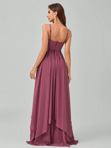 Spaghetti Strap V-Neck Backless Waist Draped Shoulder/Bow-Tie Design Elegant Graceful Maxi Chiffon Dress