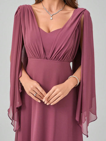 Spaghetti Strap V-Neck Backless Waist Draped Shoulder/Bow-Tie Design Elegant Graceful Maxi Chiffon Dress