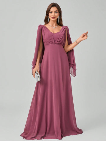 Spaghetti Strap V-Neck Backless Waist Draped Shoulder/Bow-Tie Design Elegant Graceful Maxi Chiffon Dress