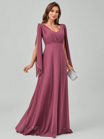 Spaghetti Strap V-Neck Backless Waist Draped Shoulder/Bow-Tie Design Elegant Graceful Maxi Chiffon Dress