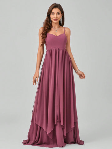 Spaghetti Strap V-Neck Backless Waist Draped Shoulder/Bow-Tie Design Elegant Graceful Maxi Chiffon Dress