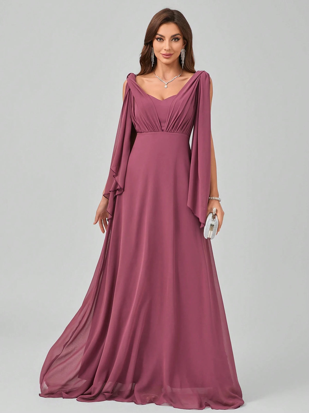 Spaghetti Strap V-Neck Backless Waist Draped Shoulder/Bow-Tie Design Elegant Graceful Maxi Chiffon Dress