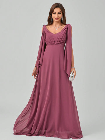 Spaghetti Strap V-Neck Backless Waist Draped Shoulder/Bow-Tie Design Elegant Graceful Maxi Chiffon Dress